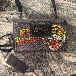 Ed Hardy Tiger Logo Rhinestone Wallet Crossbody Wristlet Black NWT